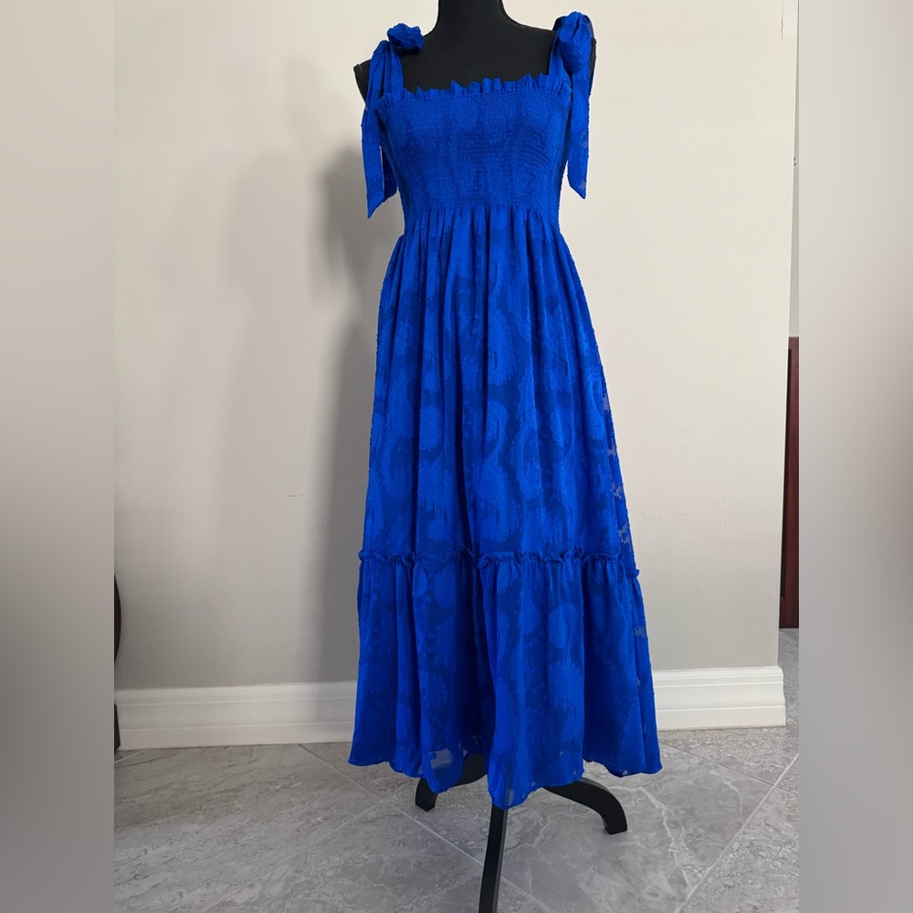 Lilly Pulitzer Rivera Smocked Shoulder Tie MIDI Dress Sz XS Blue